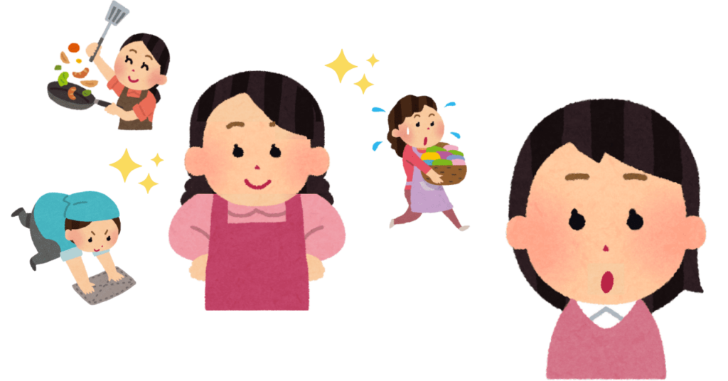家事をてきぱき家事をこなす母と、驚いた表情の少女