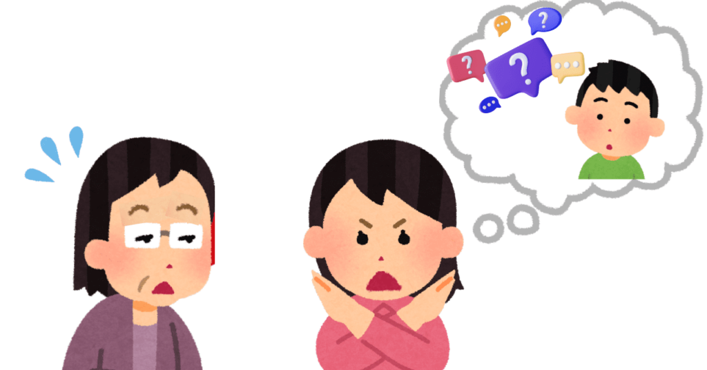 両手をクロスして拒否する女性と、焦った表情の母