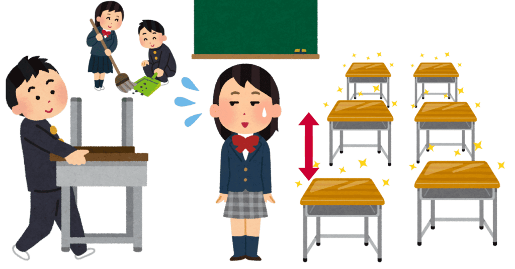 掃除をしている男女４人