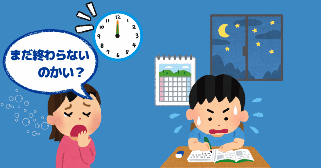 真夜中に必死に宿題する男の子