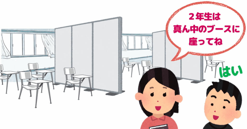 衝立で3つに仕切られた教室。たくさんの机と椅子がそれぞれのブースに並ぶ様子