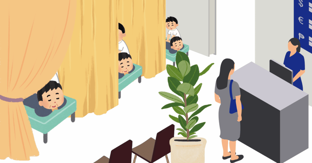 整体の室内のイラスト。カーテンで仕切られた３台のベッド