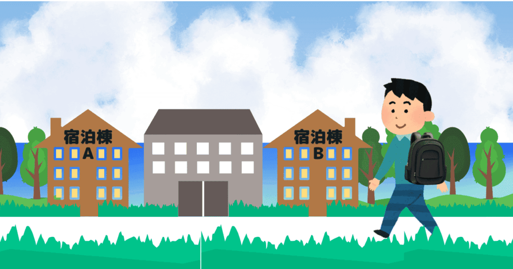 海の近くに建つ宿泊棟が隣接する施設に向かう生徒