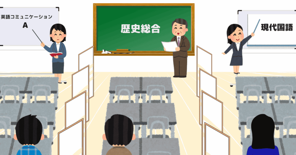 教室内が仕切りで3つに分かれ、授業がそれぞれ行われているイラスト