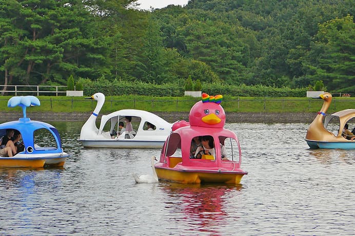 湖で4種類の屋根付きボートが浮かんでいる写真