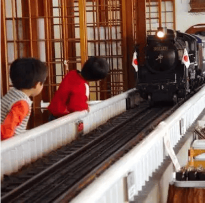 SLが料理を運んでくるのを見ている2人の男の子の写真