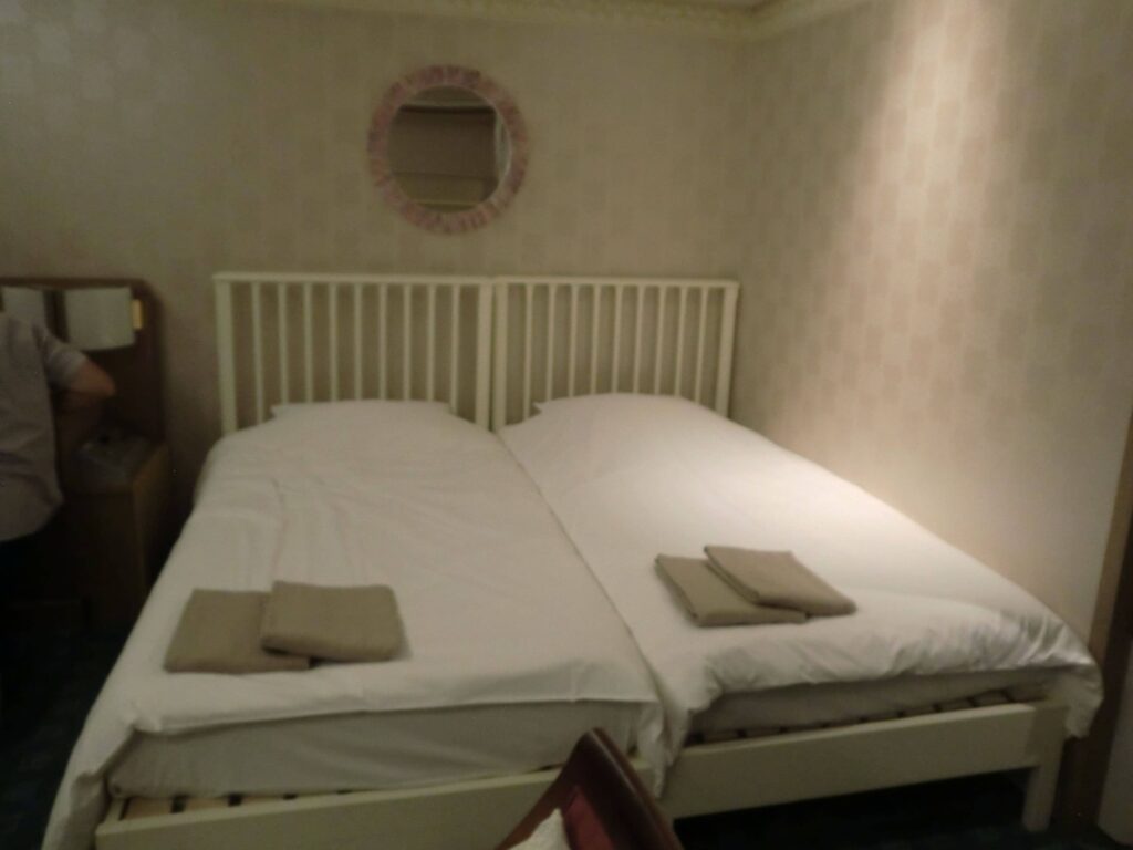 ホテル ヘリテイジ飯能の客室プリンセス内にある、くっついたシングルベッド２台の写真