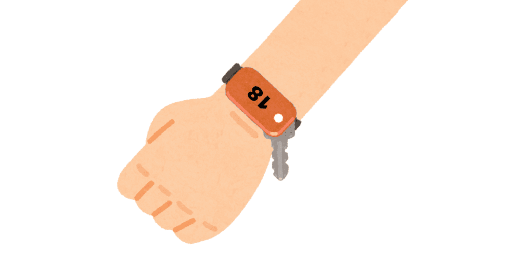 スーパーホテル　池袋駅北口　高濃度炭酸泉　福来路の湯　脱衣室ロッカーのカギを手首に巻いたイラスト