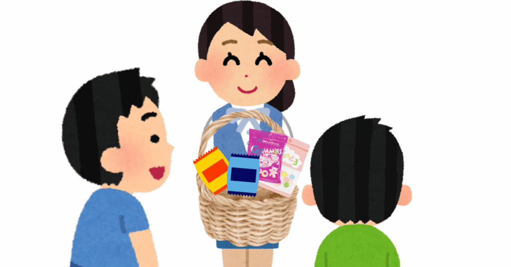 スーパーホテル　池袋駅北口の女性スタッフが宿泊客の子どもにミニお菓子の入ったカゴを見せているイラスト