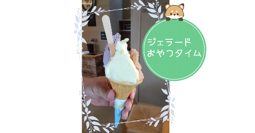 白根グレープガーデン内にあるフルーツカフェで、３種類の味のジェラートが乗ったコーンを手に持っている写真