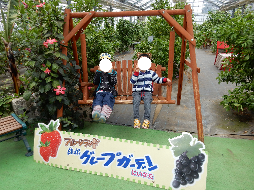 白根グレープガーデンの園内にある木製ブランコに男の子が２人乗っている写真