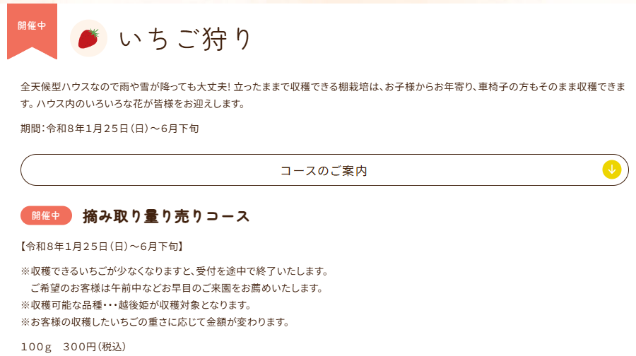 白根グレープガーデンのいちご狩りの摘み取り量り売りコースの説明文